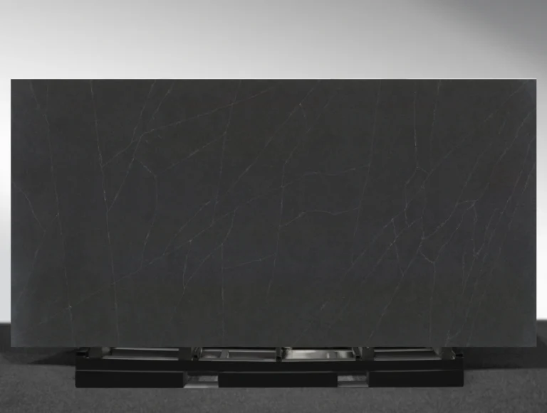 Bathroom vanity with Petra Grigio engineered quartz showing gentle veining patterns