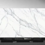 Scandi Blue Vadara® Quartz engineered stone slab with white background and bold blue, bronze, rust veining