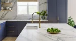 Bathroom vanity with Scandi Blue quartz showing dynamic blue and warm bronze veins