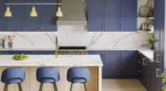 Close‑up detail of Scandi Blue engineered quartz highlighting vibrant blue and rust veining