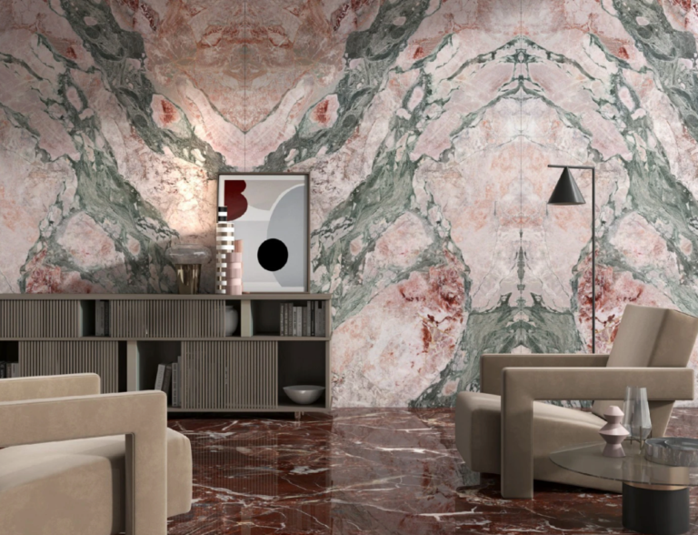 AC2097 Seasons Pink AC Stone textured porcelain kitchen benchtop with delicate marble-style veining in modern interior