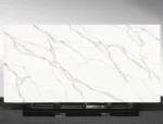 Soraline Vadara® Quartz engineered stone slab with bright white base and bold brown and light grey veining