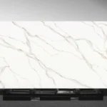 Soraline Vadara® Quartz engineered stone slab with bright white base and bold brown and light grey veining