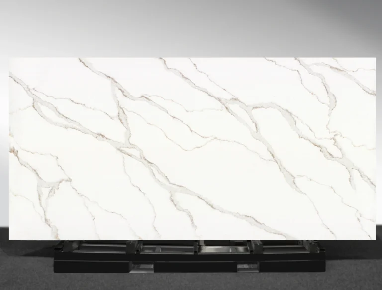 Soraline Vadara® Quartz engineered stone slab with bright white base and bold brown and light grey veining