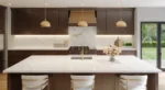 Close-up detail of Soraline Vadara® Quartz highlighting dynamic brown and light grey veining