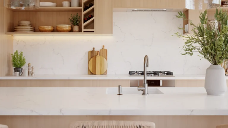 Kitchen benchtop featuring Sorelle Shore Vadara® Quartz by auskstone