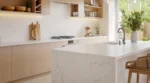 Bathroom vanity with Sorelle Shore engineered stone surface in soft grey and taupe tones