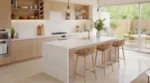Close‑up detail of Sorelle Shore Vadara® Quartz showing subtle flowing taupe veining