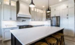 Close-up detail of Sunrise Vista engineered quartz highlighting bold gold and grey veining