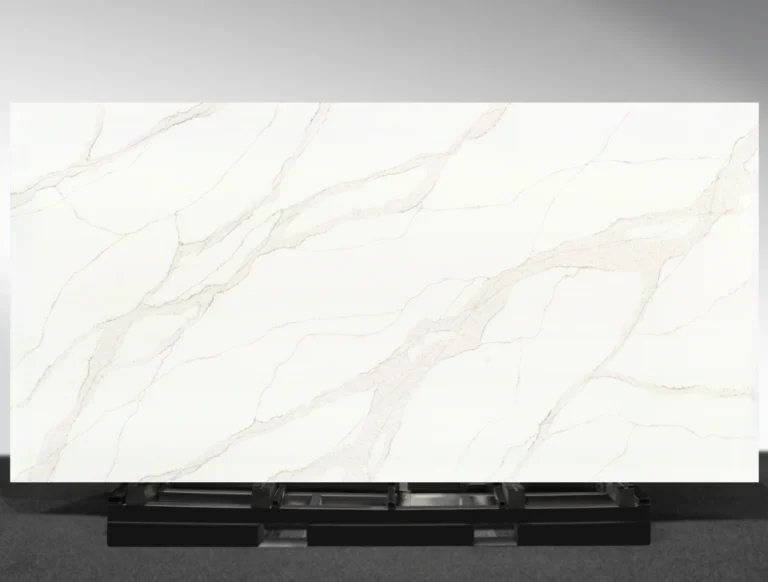 Close‑up detail of Sunsweeper Vadara® Quartz highlighting bold taupe vein patterns