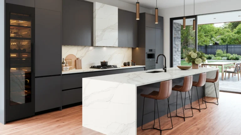 Sunsweeper Vadara® Quartz engineered stone slab with bright white background and bold taupe veining