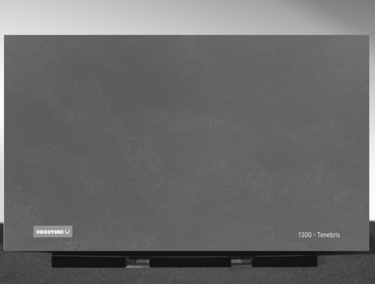 Vicostone Tenebris 1300 quartz slab deep gray concrete texture close-up