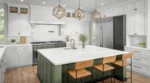 Close‑up of Verdant Rise engineered stone highlighting dynamic light grey and green veins