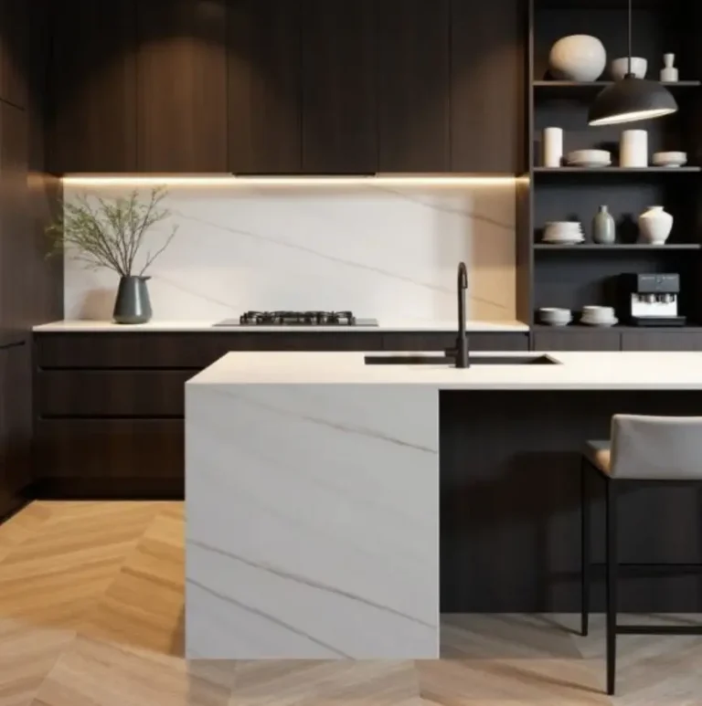 Close-up detail of Bianco Lasa sintered stone benchtop by AUSKstone Sydney, featuring Dolomite-inspired marble veining with warm neutral tones for modern Australian interiors.