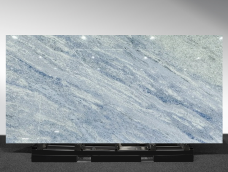 Close-up detail of Blue Crystal quartzite translucent stone surface, natural crystal patterns illuminated by backlighting, premium stone material used in Sydney custom kitchen projects.