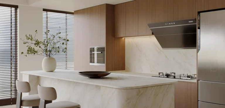 Sahara Champagne features a warm beige base with long, flowing veins in soft gold and taupe.