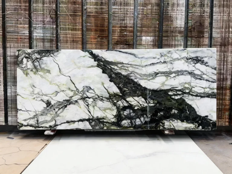 Calacatta Jade marble offcut with white base and green veining in Sydney showroom