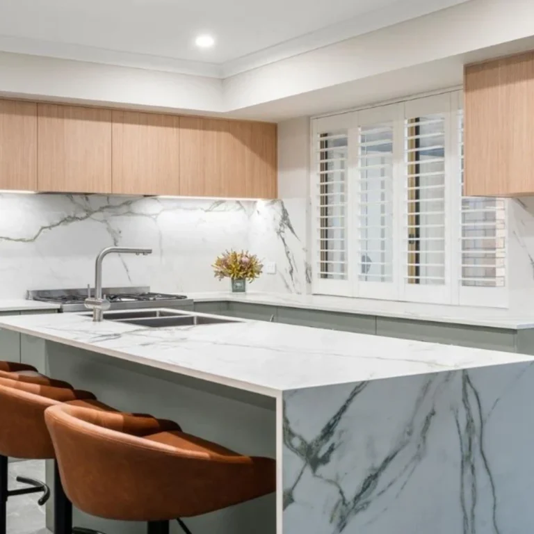 Tropical Green Asetica sintered stone used in Australian bathroom vanity design, showcasing deep green surface with UV and scratch resistance.