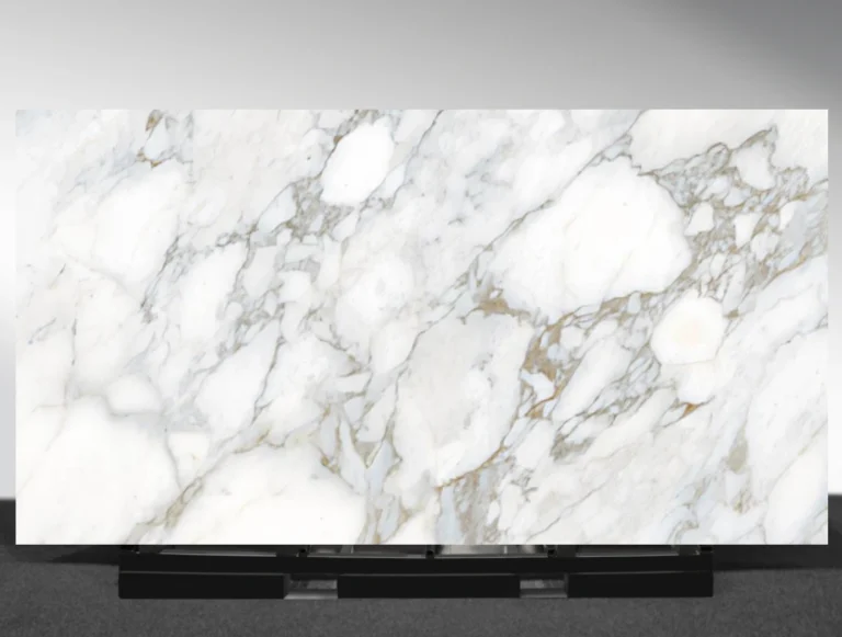 Arabescato Oro sintered stone gold veined marble surface close up