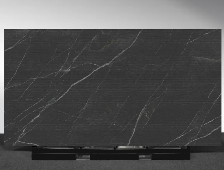 Calacatta Black sintered stone black marble white veins surface close up