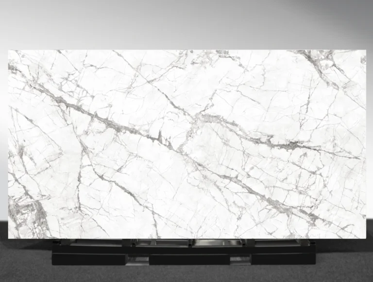 Invisible White sintered stone white marble grey veins surface close up